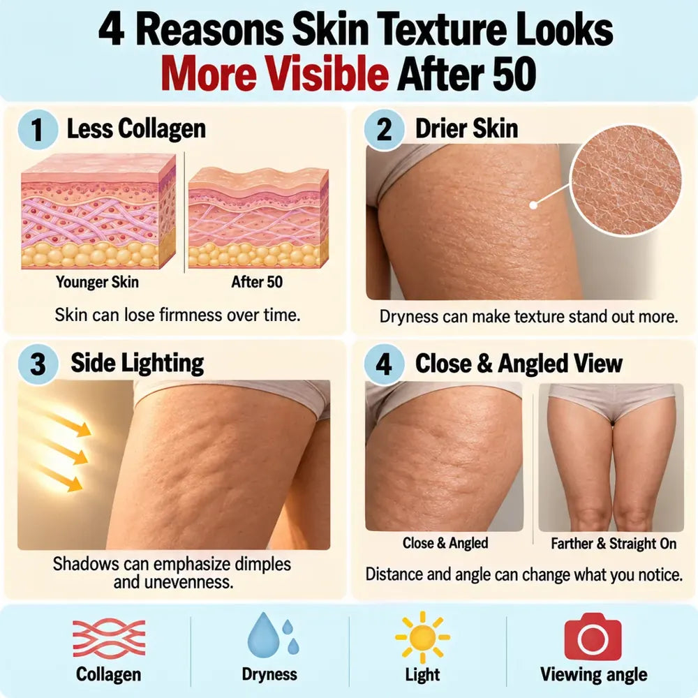 Medical-style infographic explaining why skin texture can look more visible after 50.