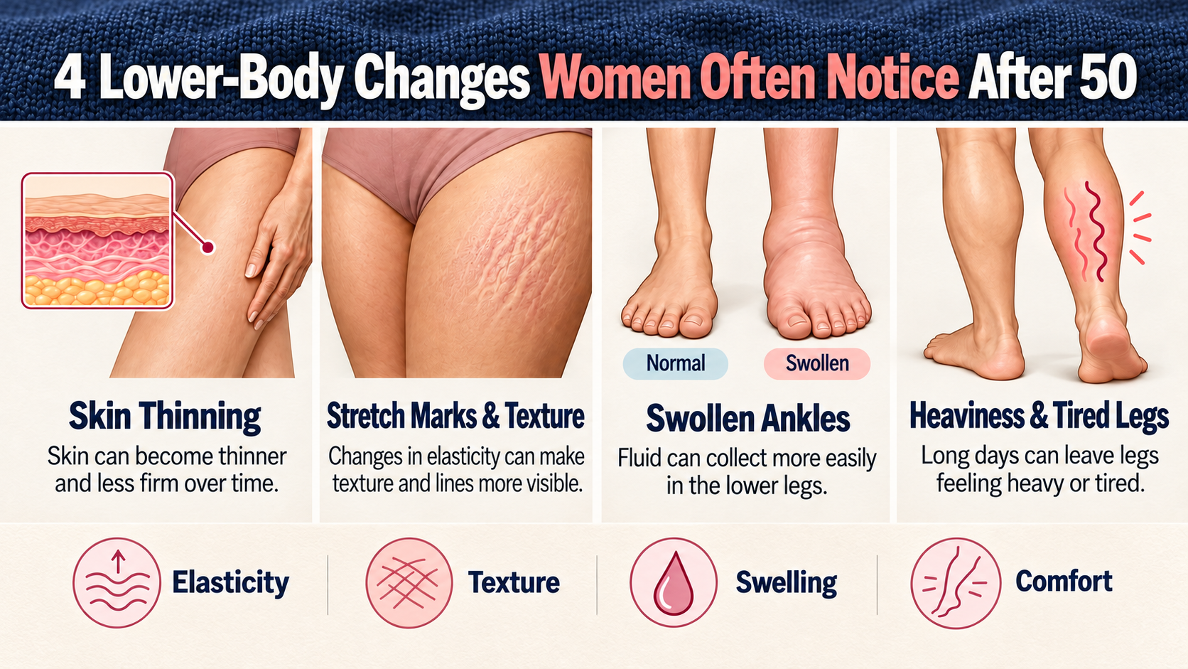 Medical-style infographic explaining four lower-body changes women often notice after 50, including skin thinning, stretch marks, swollen ankles and heavy legs.