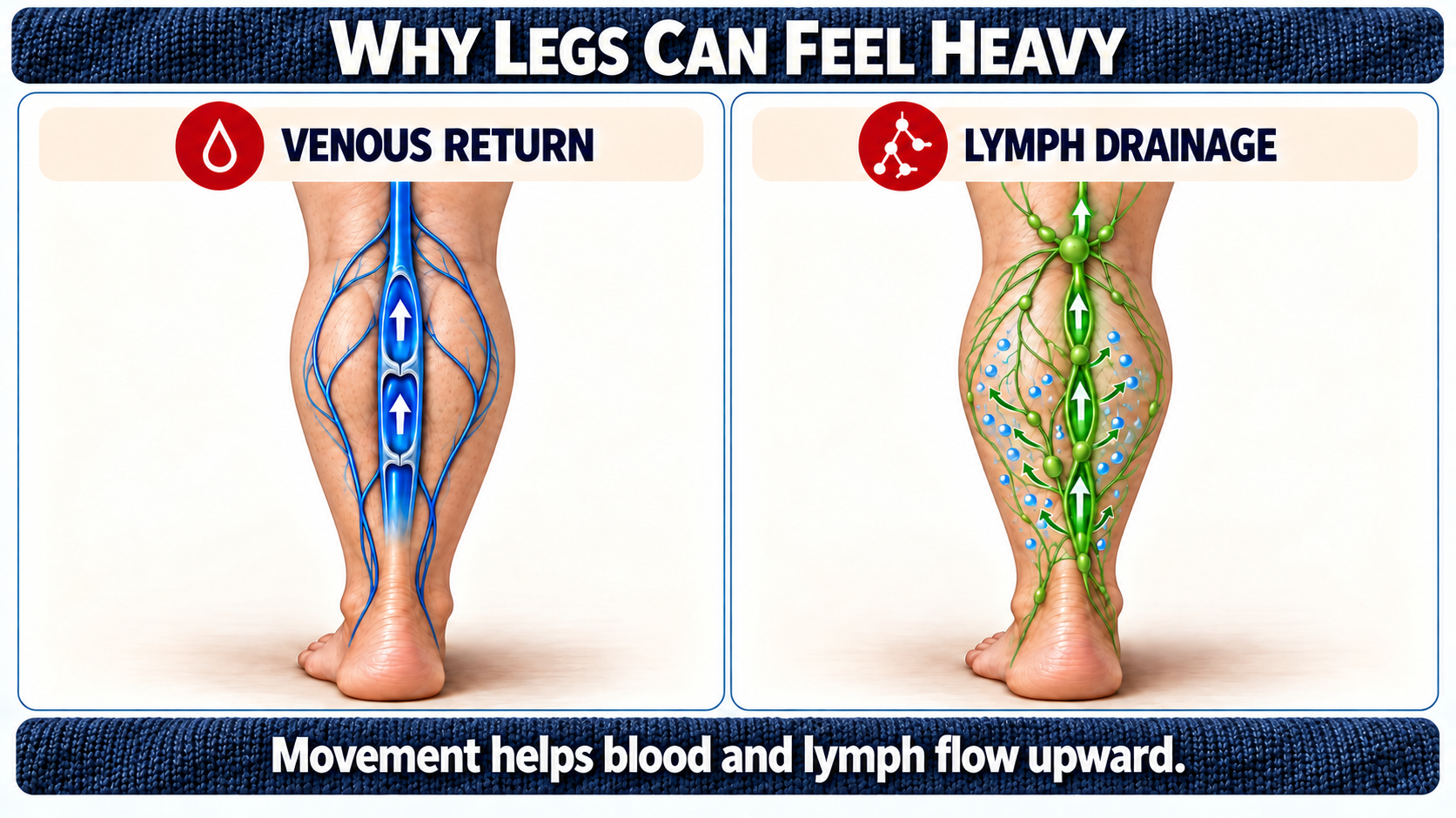 Educational diagram comparing venous return and lymph drainage in the lower leg, with upward arrows and tissue fluid entering lymph vessels.