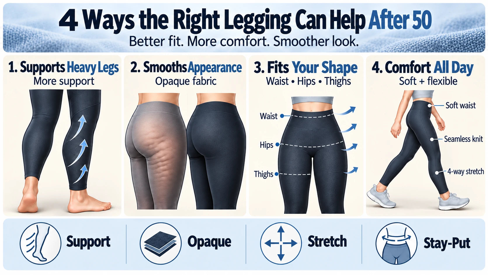 Enkel infografik om fyra sätt som rätt leggings kan hjälpa efter 50.