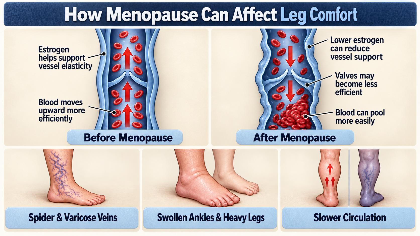Medical explainer: how menopause can affect leg comfort, visible veins, swollen ankles, heavy legs and slower circulation.