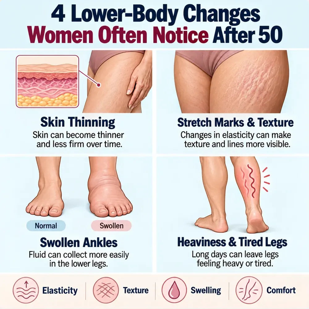 Medical-style infographic explaining four lower-body changes women often notice after 50, including skin thinning, stretch marks, swollen ankles and heavy legs.