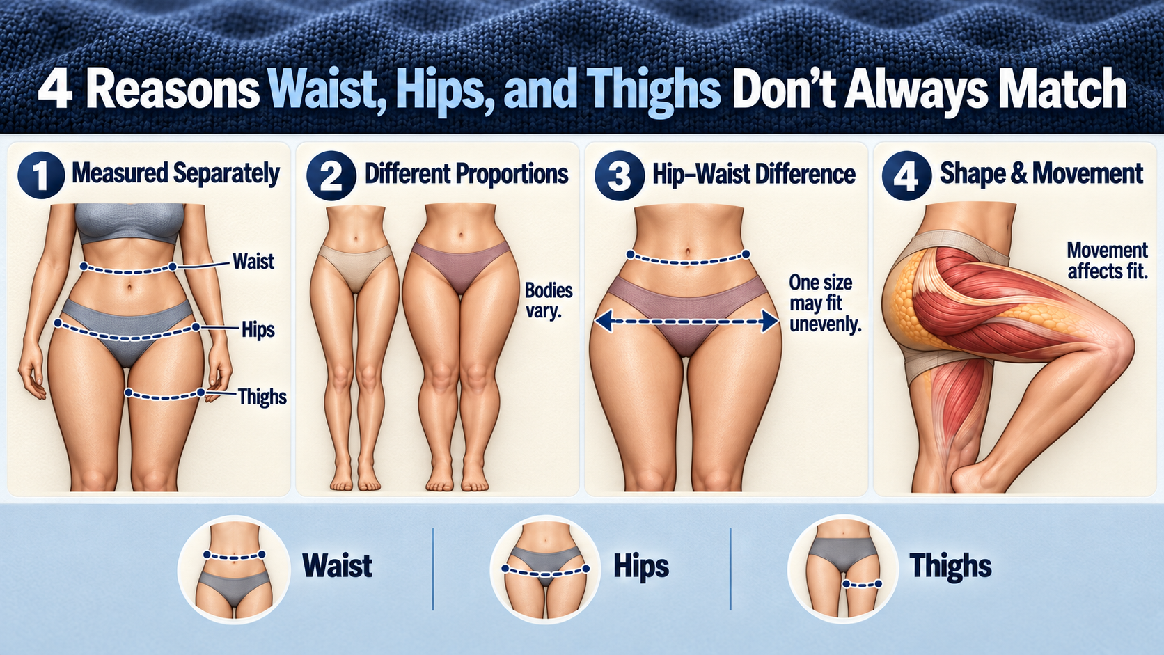 Minimal infographic explaining why waist, hips, and thighs do not always match the same fit.