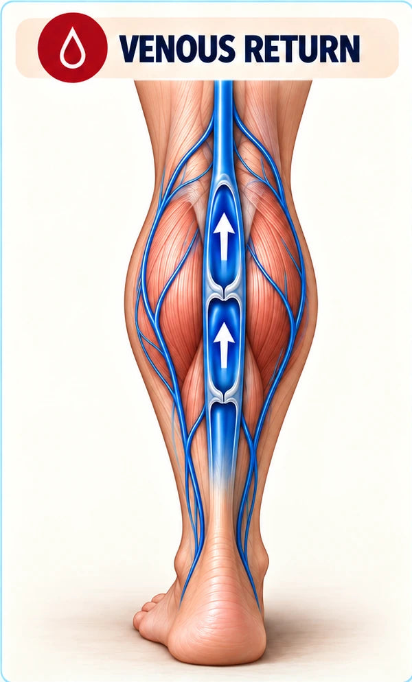 Venous return: blood travels upward in leg veins with one-way valves.