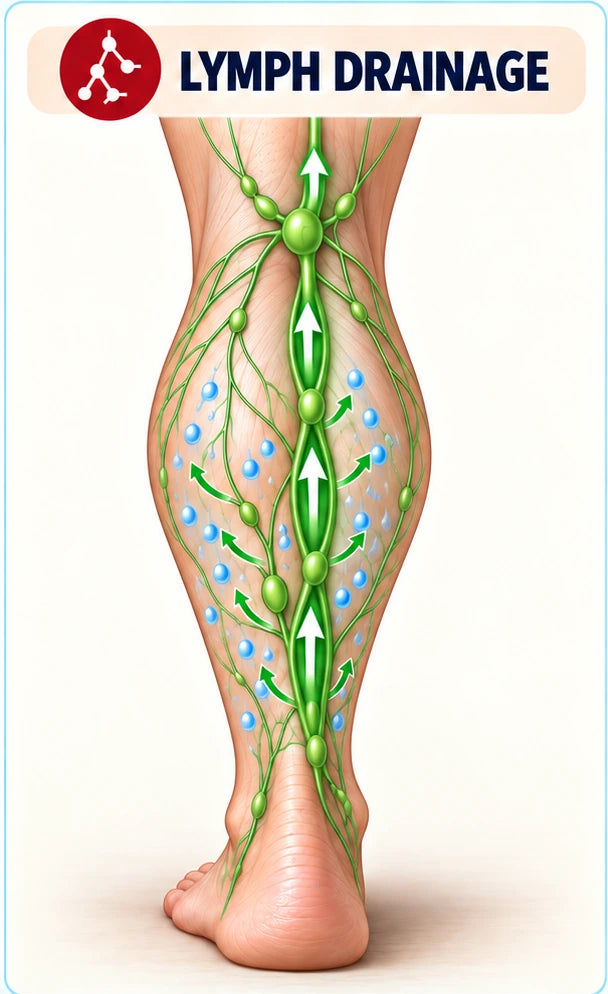 Lymph drainage: tissue fluid enters lymphatic vessels and flows upward.
