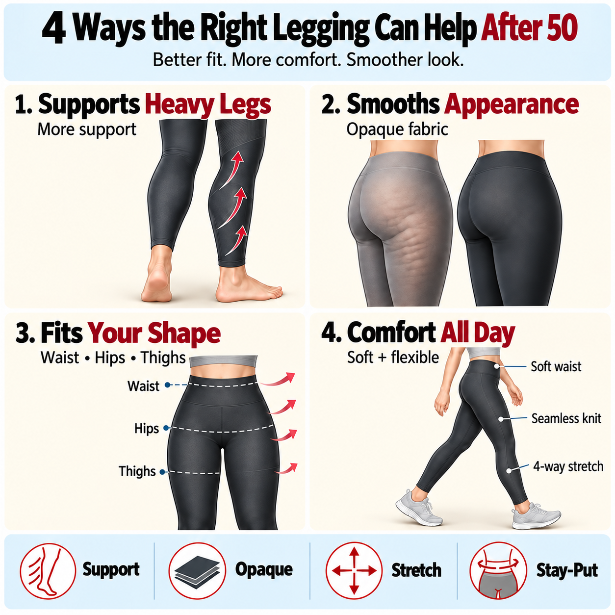 Minimal infographic showing four ways the right legging can help after 50.